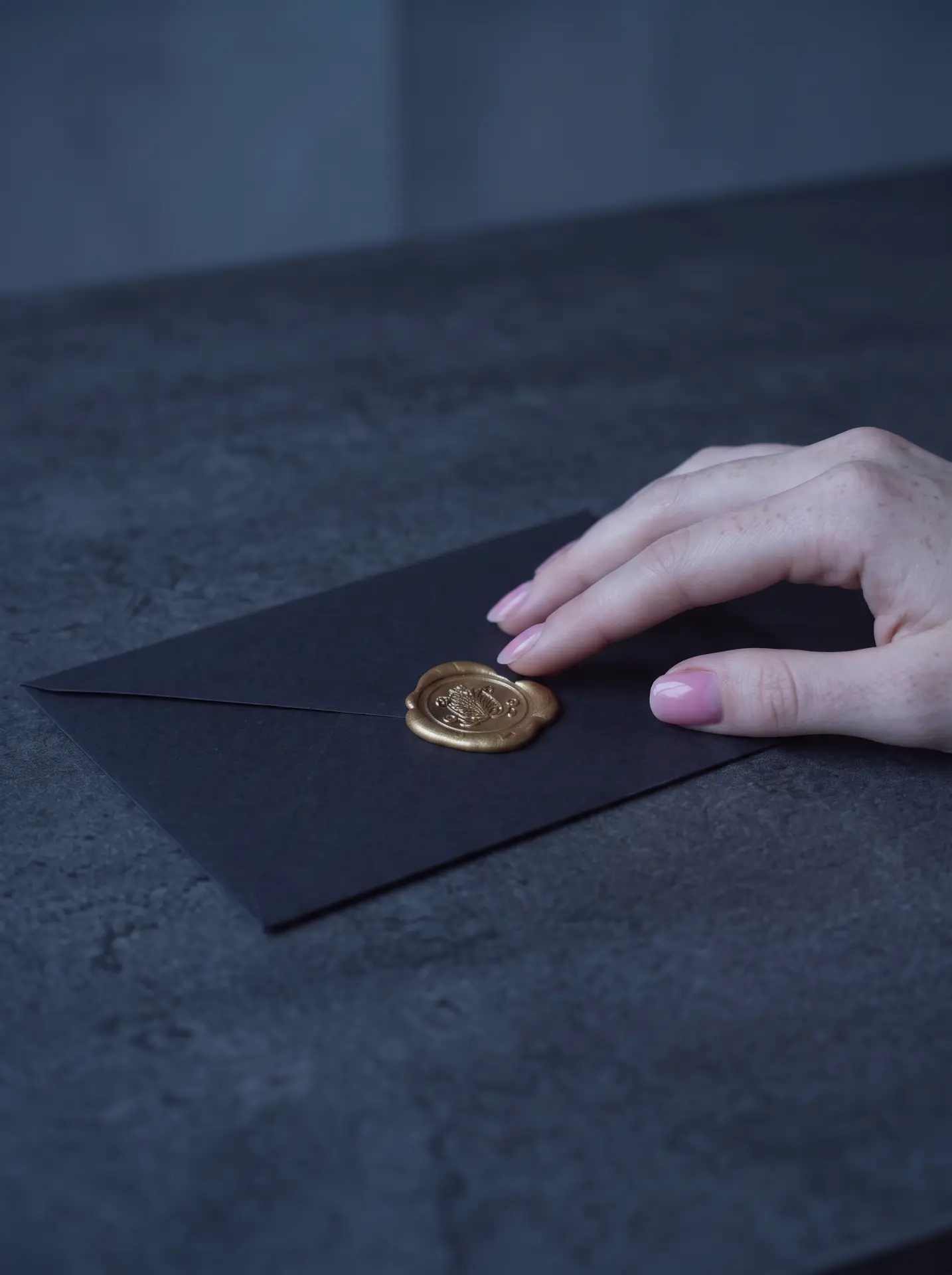 A hand resting on a black envelope sealed with a gold wax stamp