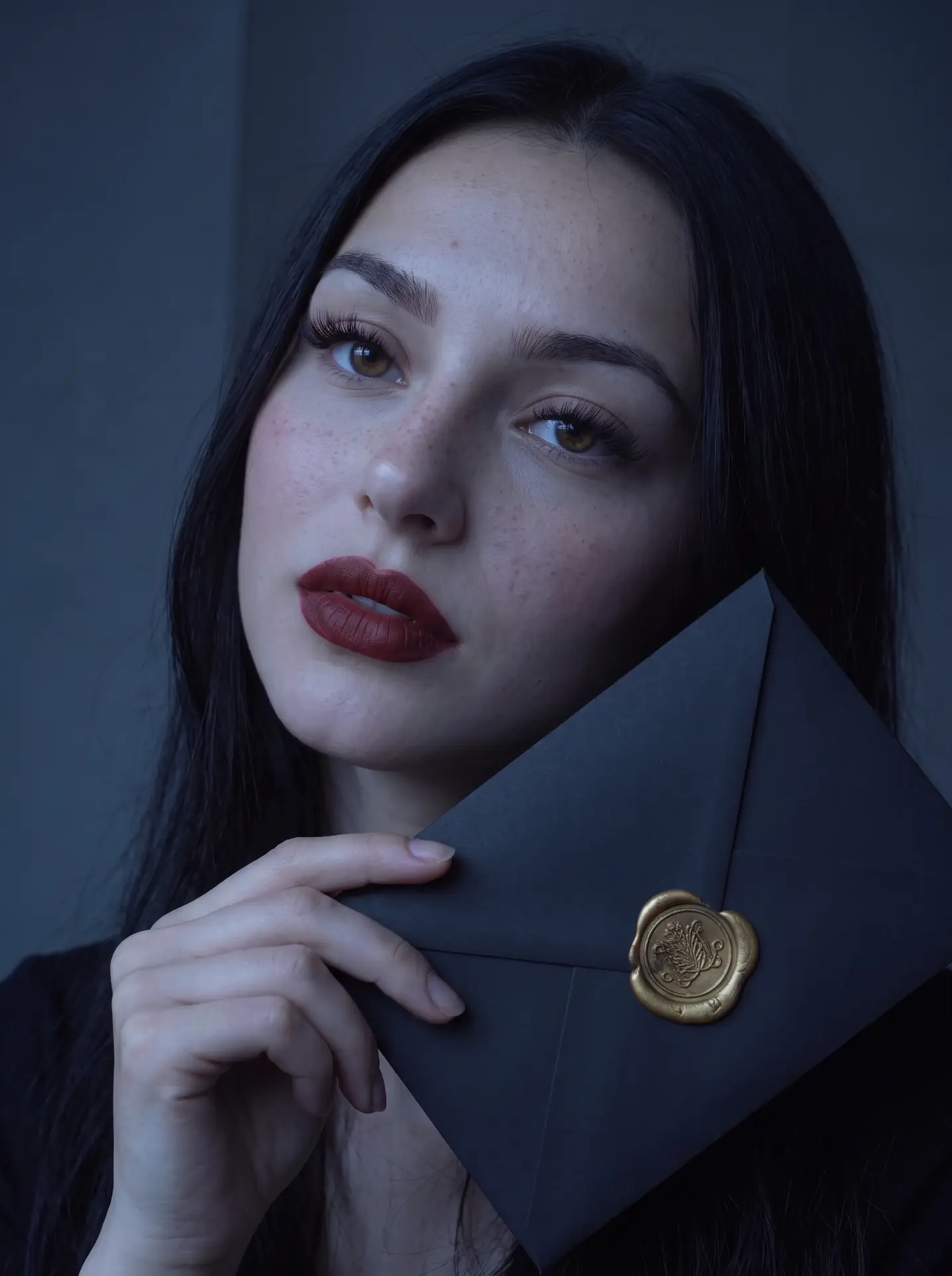 A woman holding a dark envelope sealed with a gold wax stamp